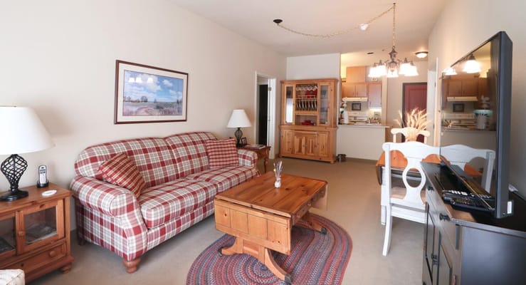 Living room with a plaid couch, coffee table, and TV