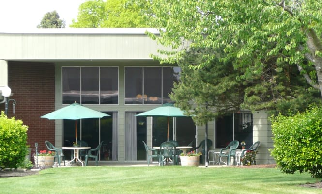 Outdoor seating area with umbrellas and greenery