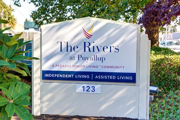 Sign for The Rivers at Puyallup senior living facility