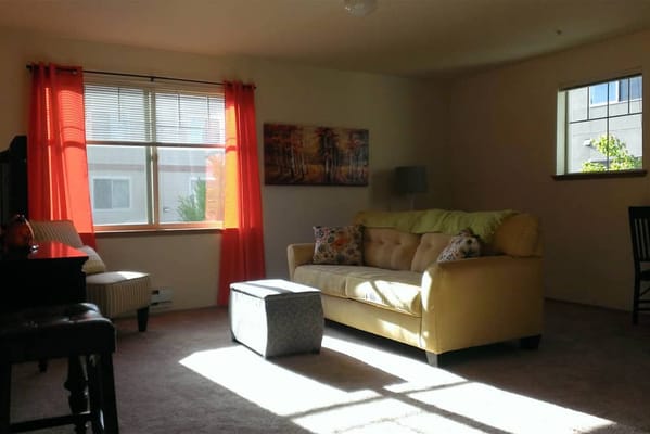 Cozy living room with a yellow sofa and orange curtains