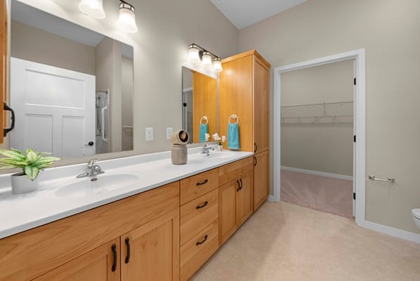 Brightly lit bathroom with wood cabinetry
