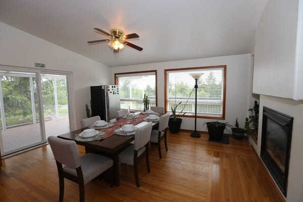 Interior dining area with a table set for meals