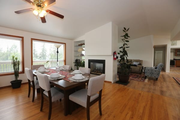 Bright dining room with a large wooden table