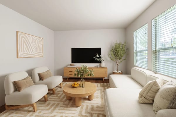 Bright and airy common area with modern furniture