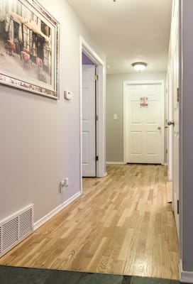 Well-lit hallway with wooden flooring and white doors.
