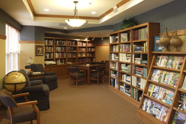 Interior view of a library with books and seating