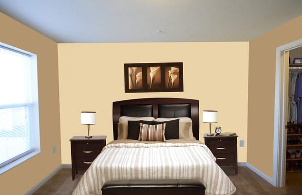 Comfortable bedroom with a bed, nightstands, and a closet.