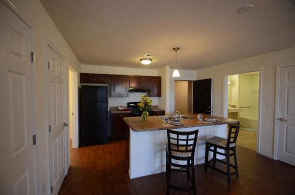A modern kitchen featuring dark cabinetry, a breakfast bar, and dining setup.