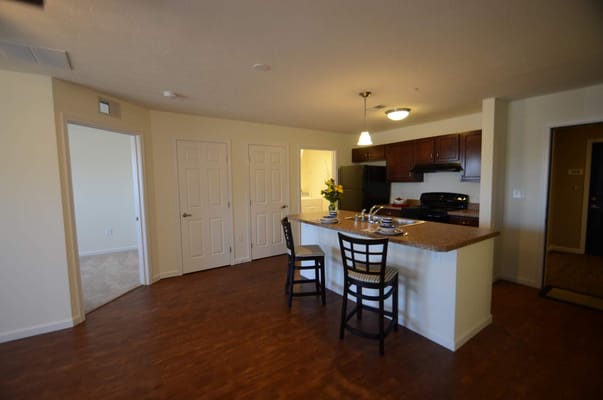 A modern kitchen area with bar seating and granite countertops.