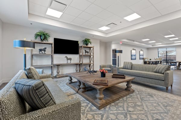 Comfortable lounge area with seating and decorative shelves