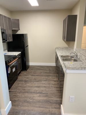 Modern kitchen interior with appliances and cabinets