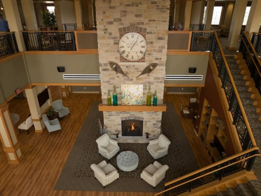 Common area with seating and a fireplace