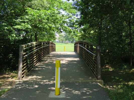 A wooden bridge surrounded by greenery