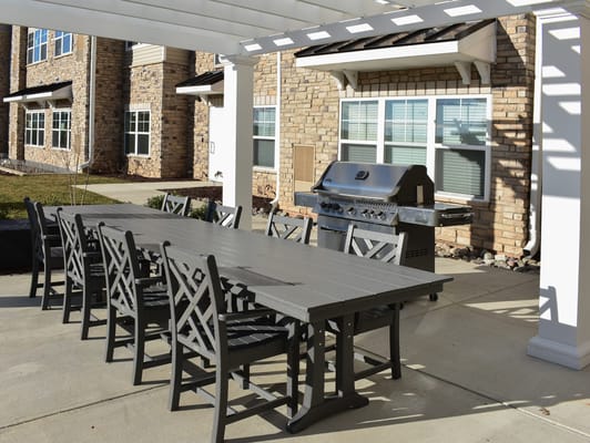 Outdoor dining area with grill and seating