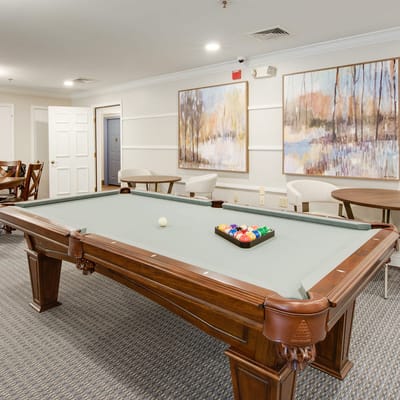 Billiards table with pool balls and artwork on the walls