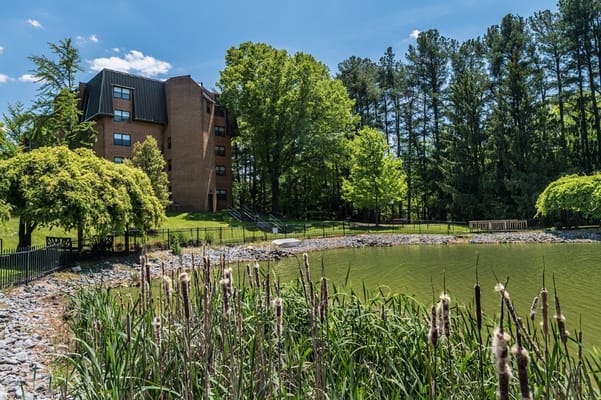 View of a lake surrounded by greenery with Homecrest House in the background