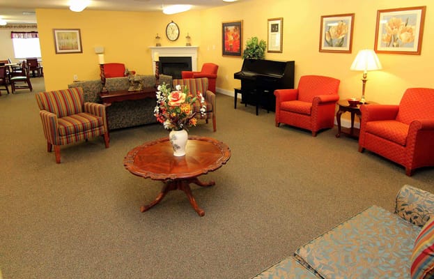 Bright common area with seating and decor