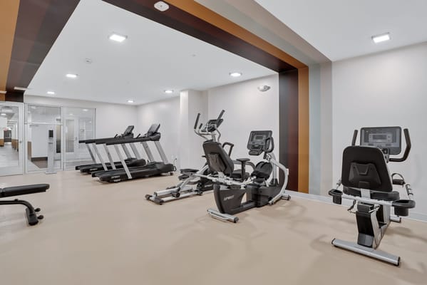 Modern gym equipment in a senior living facility