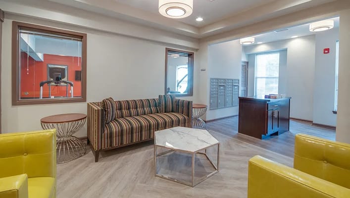 Cozy lounge with striped sofa and modern decor