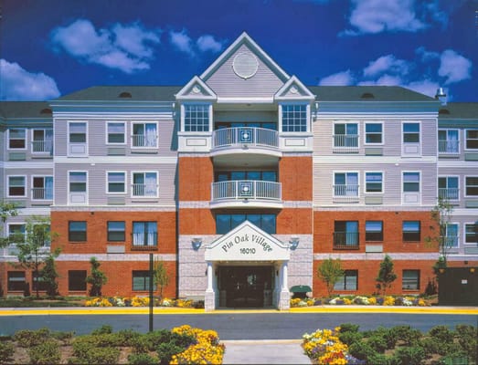Front view of Pin Oak Village facility building