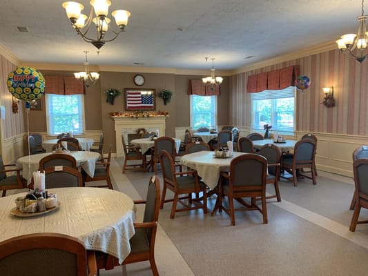 Interior of the dining area with tables and chairs