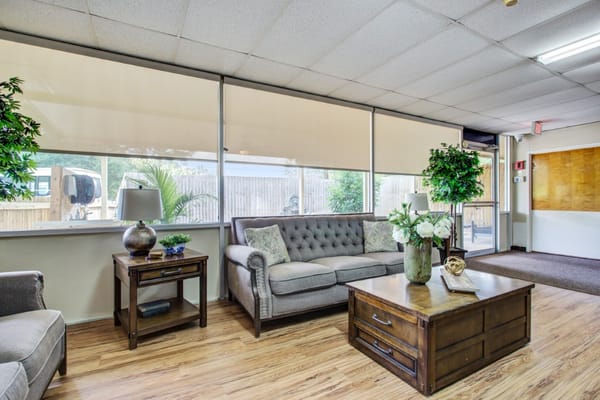 Interior lounge area with comfortable seating and plants