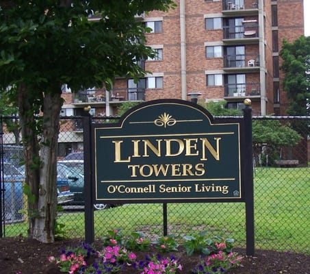 Sign for Linden Towers in front of the facility