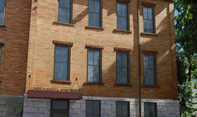 Exterior view of The Lincoln School Apartments building