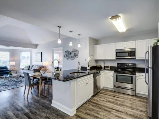 Bright, modern kitchen interior with living area