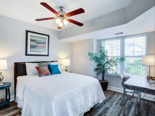 Bright interior of a resident's bedroom with modern decor