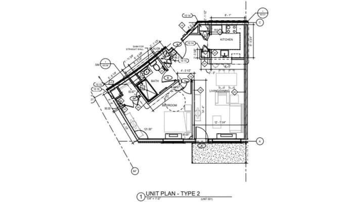 Architectural floor plan for a living unit layout