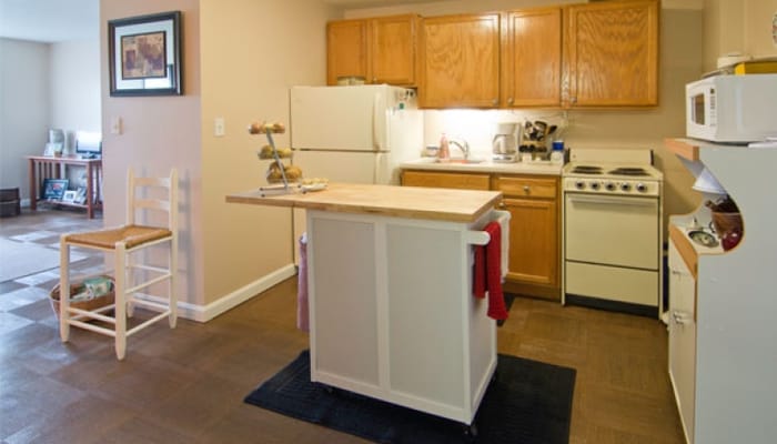 A well-lit kitchen in a senior living apartment
