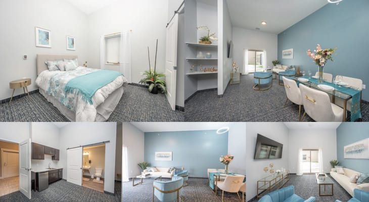 Elegant resident room with dining and living area