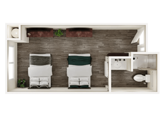 Floor plan of a shared living room and bathroom