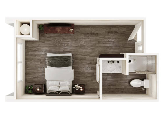 Floor plan of a private resident room with amenities