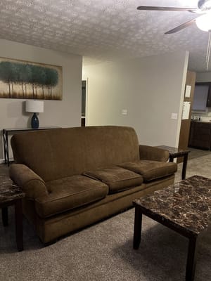 Cozy living room area with a sofa and decorative table