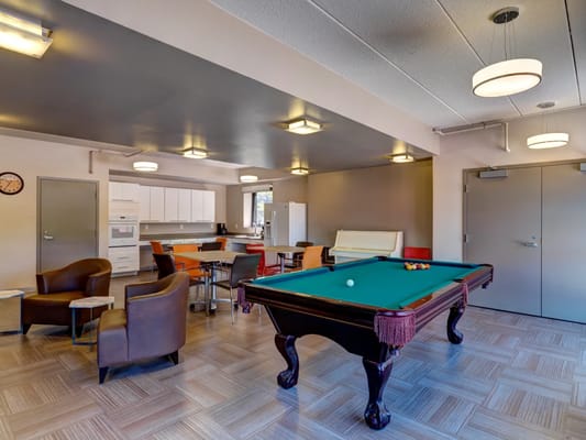 A pool table in a recreational room with seating and kitchen area.
