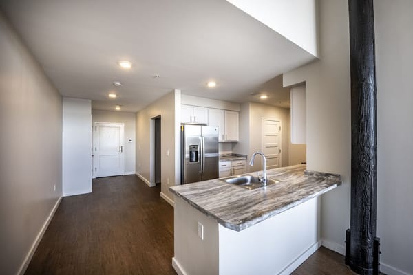 A clean, modern kitchen and living space in a resident's apartment