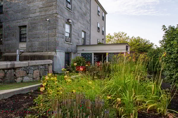 Exterior view of Grinnell Mansion surrounded by garden flowers