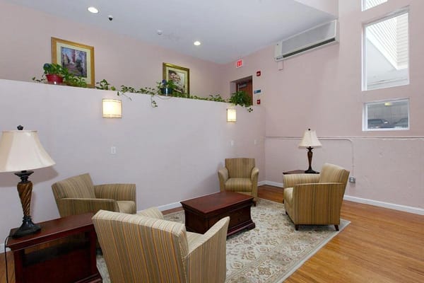 Common area with seating and warm decor