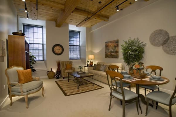 Bright living space with dining area and comfortable furniture