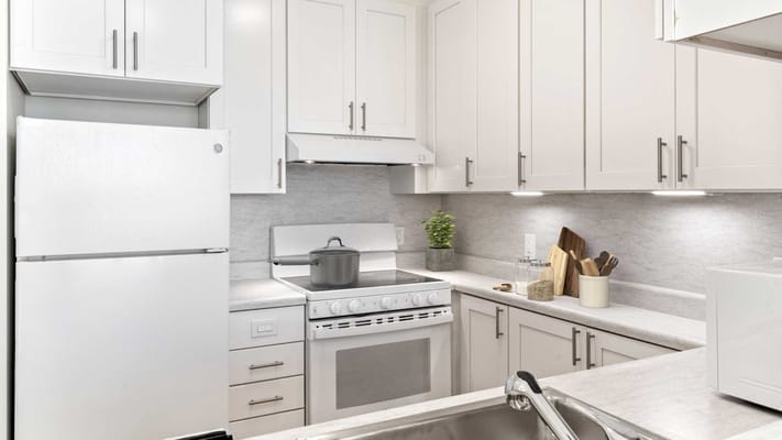 Modern kitchen with white cabinetry and appliances
