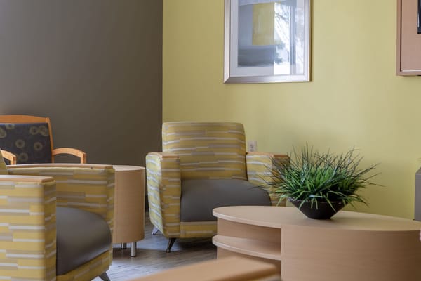 Comfortable seating in a brightly colored lounge area