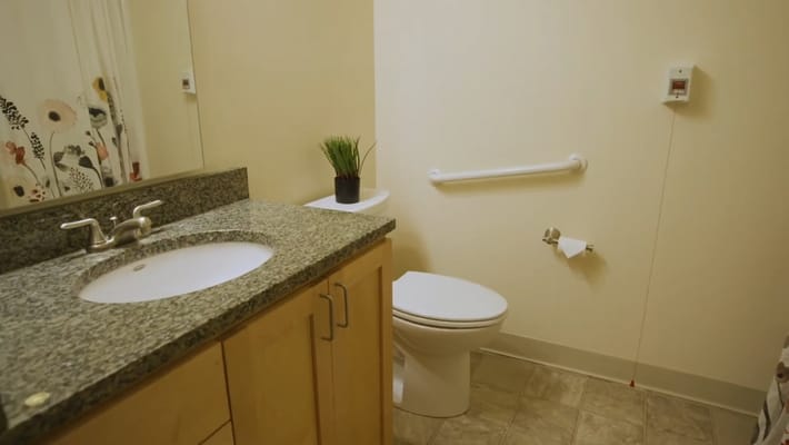 A clean, accessible bathroom with a sink and toilet