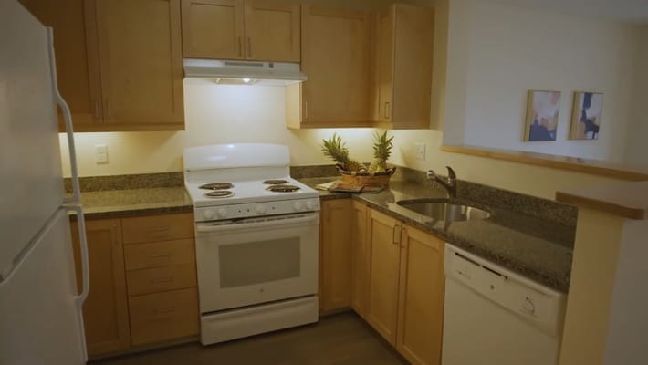 Well-equipped kitchen with white appliances and wooden cabinets