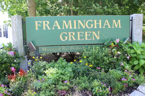Sign for Framingham Green surrounded by flowers