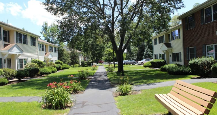 Pathway through landscaped gardens and residences
