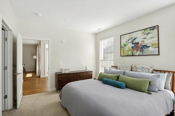 A modern bedroom featuring a large bed with decorative pillows and a dresser.
