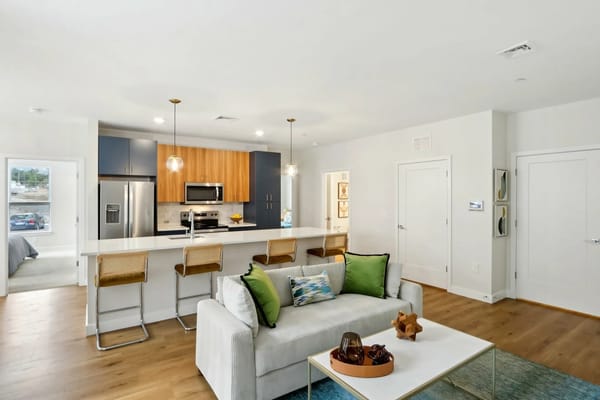 Bright kitchen and living room with modern furnishings