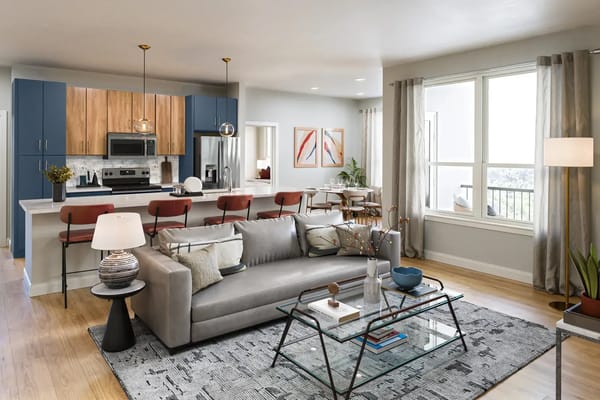 Modern living room with kitchen and dining area